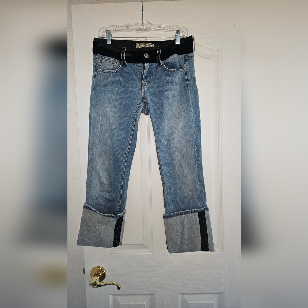 ABS Allen B cropped jeans with black Swarovski crystals on belt loops and cuff